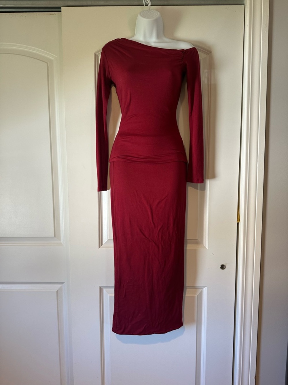 Off-Shoulder Burgundy Maxi Dress with Long Sleeves